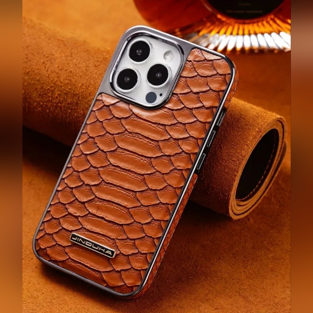 Luxury Electroplated Snake Skin Pattern Case For iPhone 14 Pro Max - BROWN